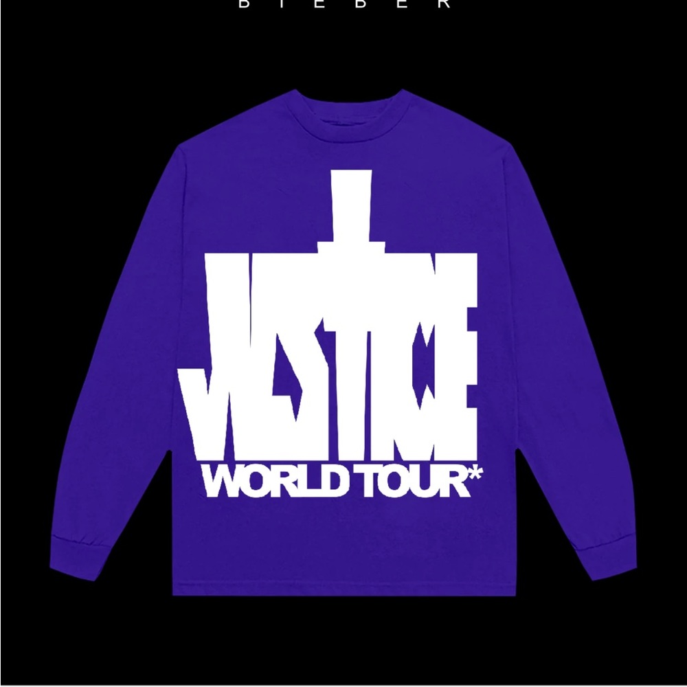 LN JUSTIN BUEBER 2022 WORLD TOUR LONG SKEEVE TEE. PURPLE COLOR. ADULT UNISEX.